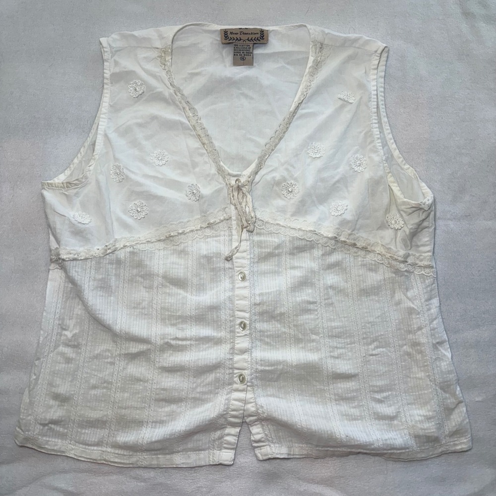 90s New Direction White Cotton Embroidered Lace Trim Blouse XL Boho Cottagecore